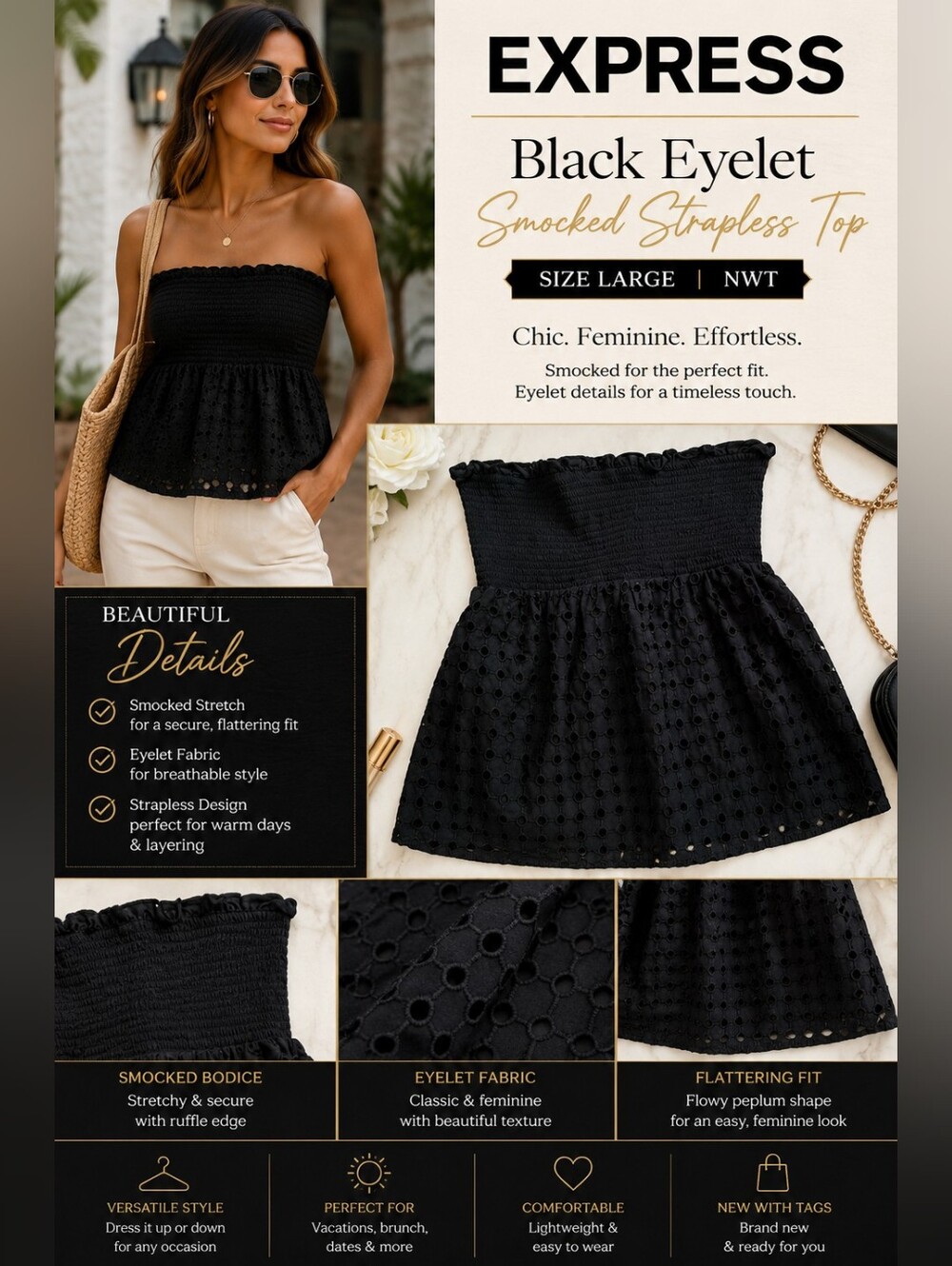Express Black Eyelet Smocked Strapless Top | NWT | Size Large